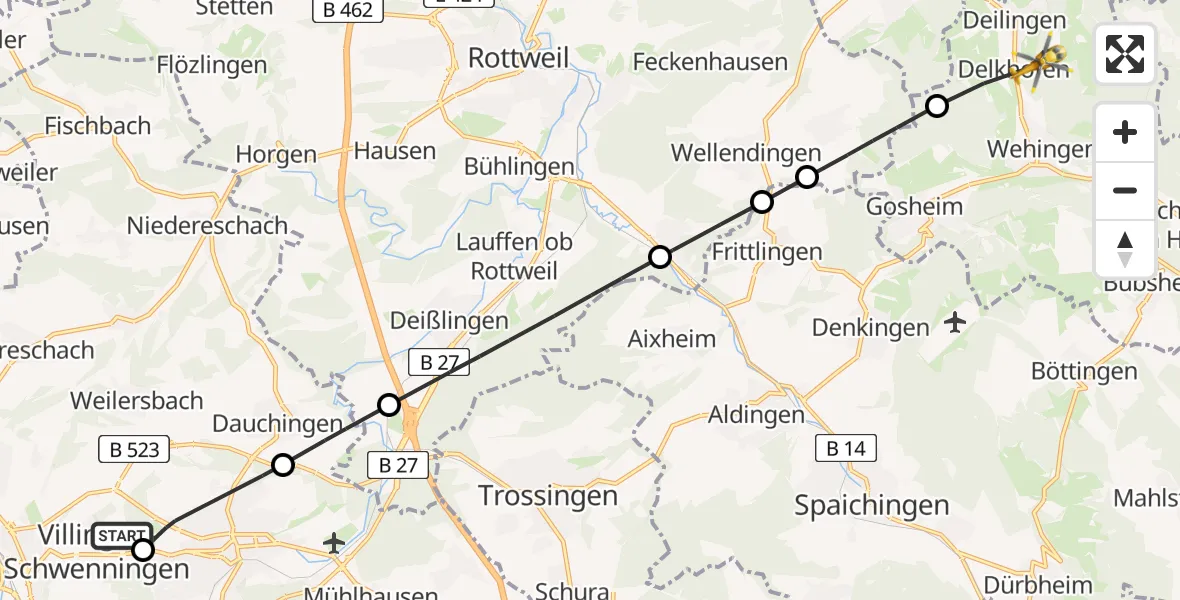 Flugroute Ambulanzhubschrauber DRF Air Rescue Station Villingen-Schwenningen Hubschrauberlandeplatz (Christoph 11) - Deilingen, 21 Juni 2026, 15:41