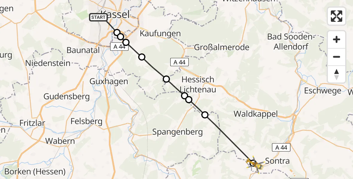 Flugroute Rettungshubschrauber Kassel - Sontra, 21 Juni 2026, 15:50