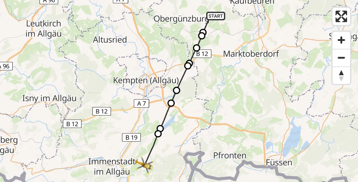 Flugroute Rettungshubschrauber Aitrang - Rettenberg, 21 Juni 2026, 15:50