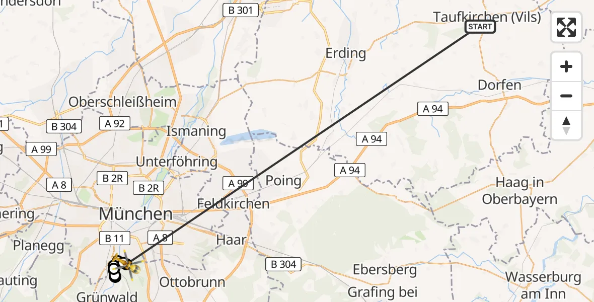 Flugroute Rettungshubschrauber Taufkirchen (Vils) - ADAC Air Rescue Center Hubschrauberlandeplatz (Christoph 1), 21 Juni 2026, 15:59