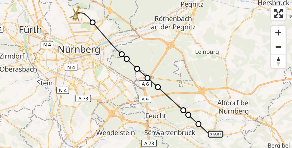 Flugroute Rettungshubschrauber Burgthann - Flughafen Nuremberg, 21 Juni 2026, 16:01