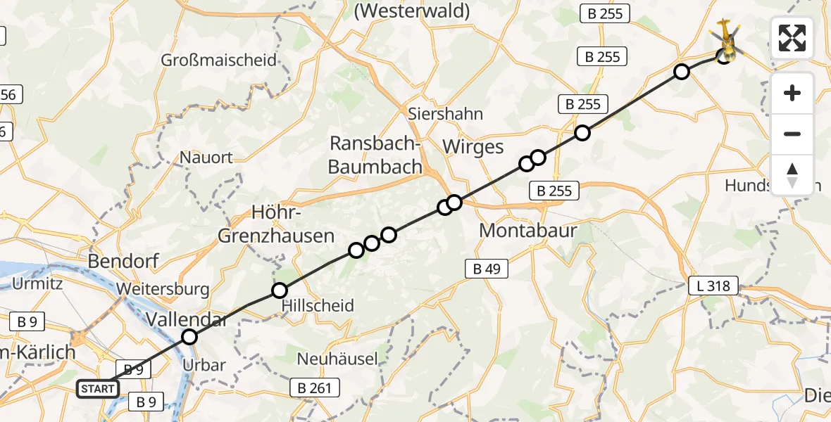 Flugroute Rettungshubschrauber Koblenz - Salz, 21 Juni 2026, 16:01