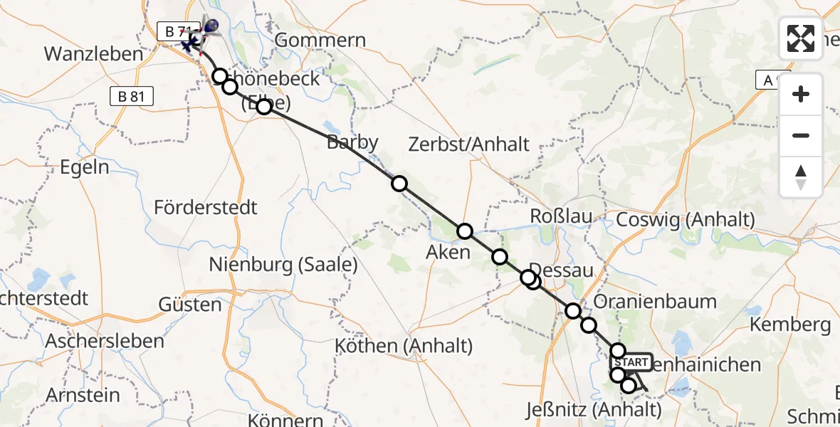 Flugroute Polizeihubschrauber Gräfenhainichen - Magdeburg City Flugplatz, 21 Juni 2026, 16:02