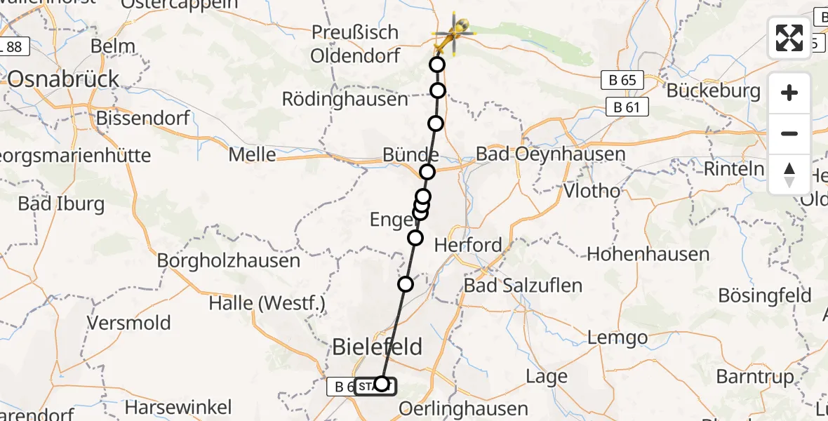 Flugroute Rettungshubschrauber Luftrettungszentrum Bielefeld - Lübbecke, 21 Juni 2026, 16:04