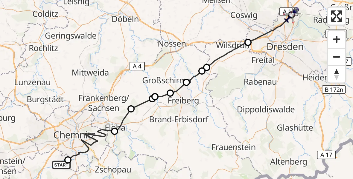 Flugroute Polizeihubschrauber Neukirchen/Erzgeb. - Dresden Flughafen, 21 Juni 2026, 16:04