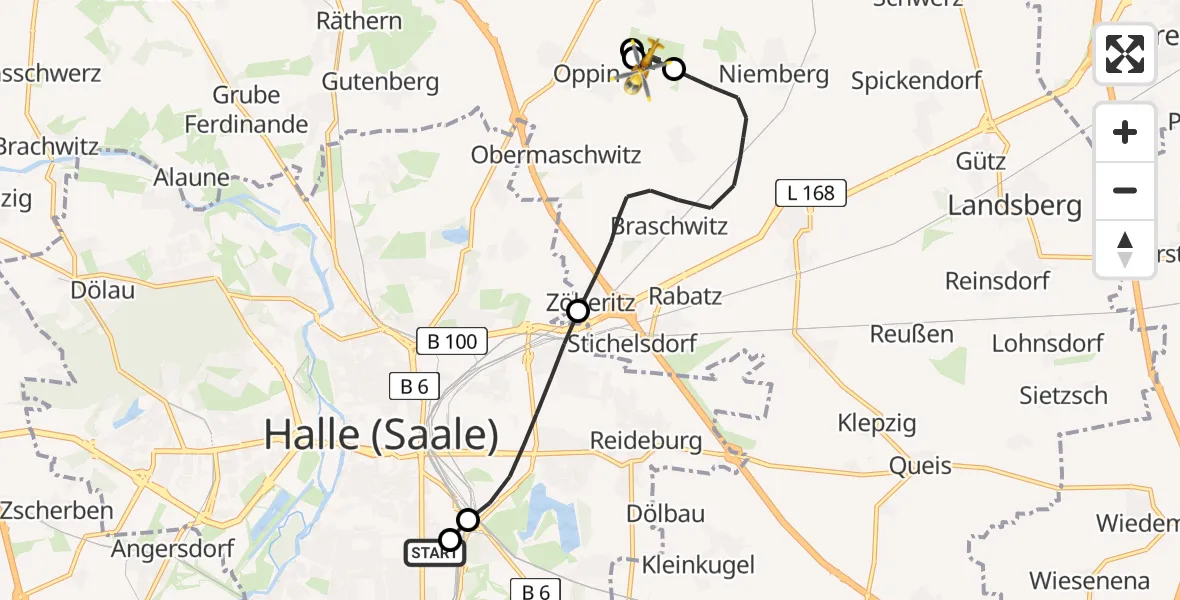 Flugroute Rettungshubschrauber BG Hospital Bergmannstrost Halle - Halle-Oppin Flugplatz, 21 Juni 2026, 16:09