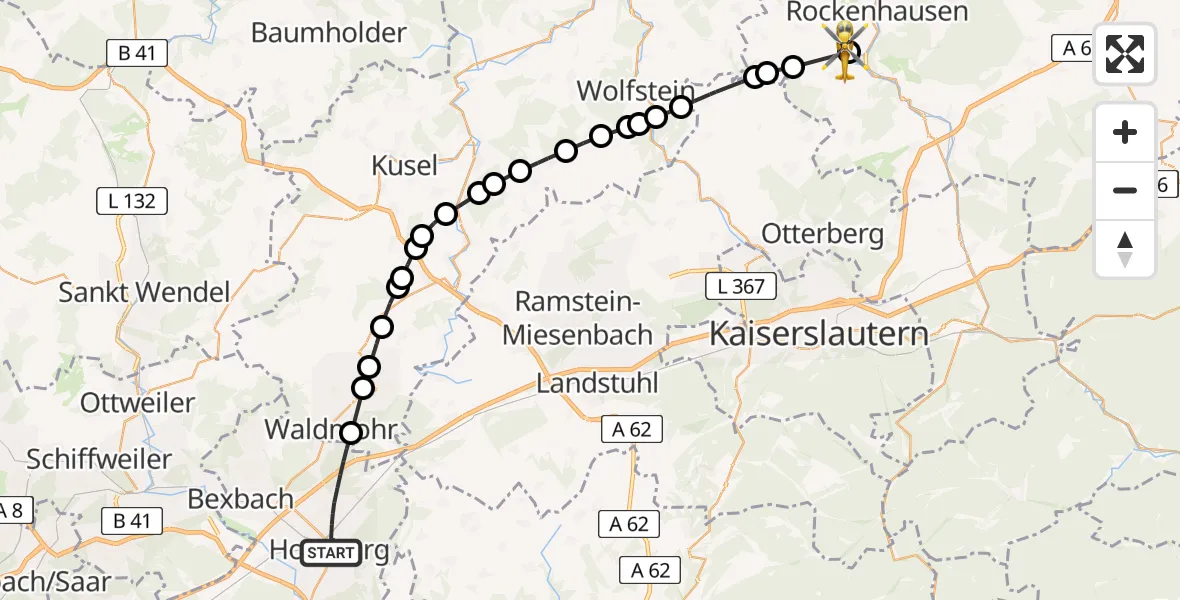 Flugroute Rettungshubschrauber Homburg - Imsweiler UL, 21 Juni 2026, 16:10