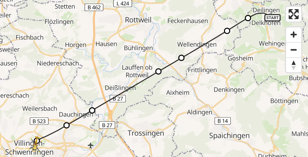 Flugroute Ambulanzhubschrauber Deilingen - DRF Air Rescue Station Villingen-Schwenningen Hubschrauberlandeplatz (Christoph 11), 21 Juni 2026, 16:11