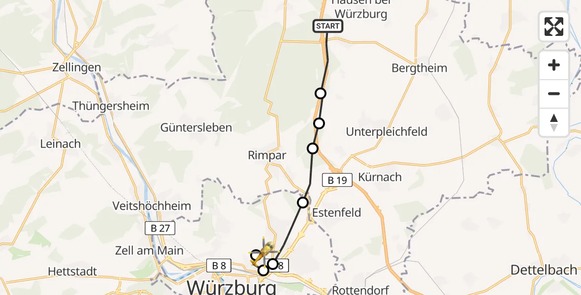 Flugroute Rettungshubschrauber Hausen b.Würzburg - Würzburg University Hospital Straubmühlweg, 21 Juni 2026, 16:17