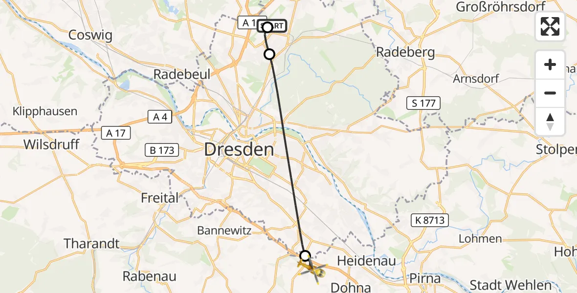 Flugroute Rettungshubschrauber Dresden Bundespolizei Hubschrauberlandeplatz - Dohna, 21 Juni 2026, 16:24