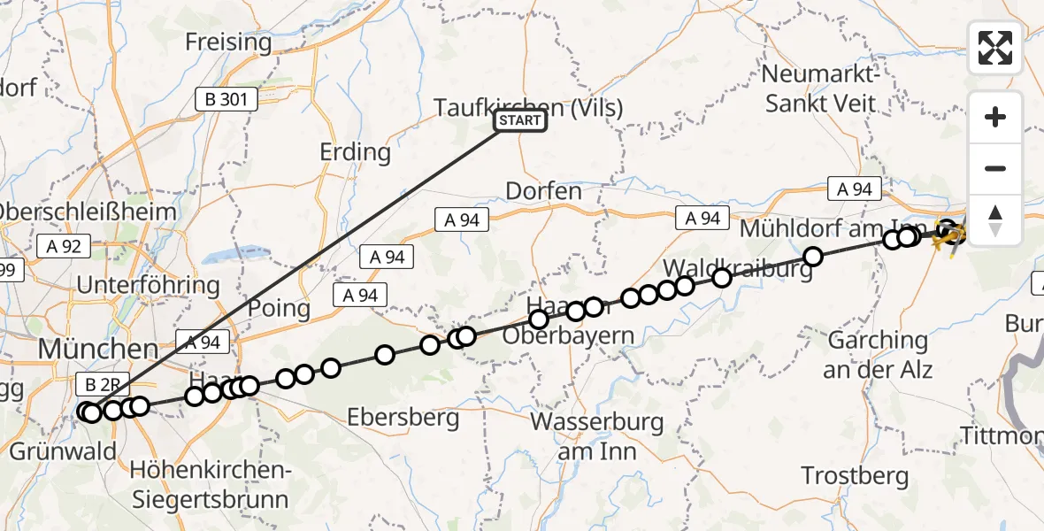 Flugroute Rettungshubschrauber Taufkirchen (Vils) - Neuötting, 21 Juni 2026, 16:26