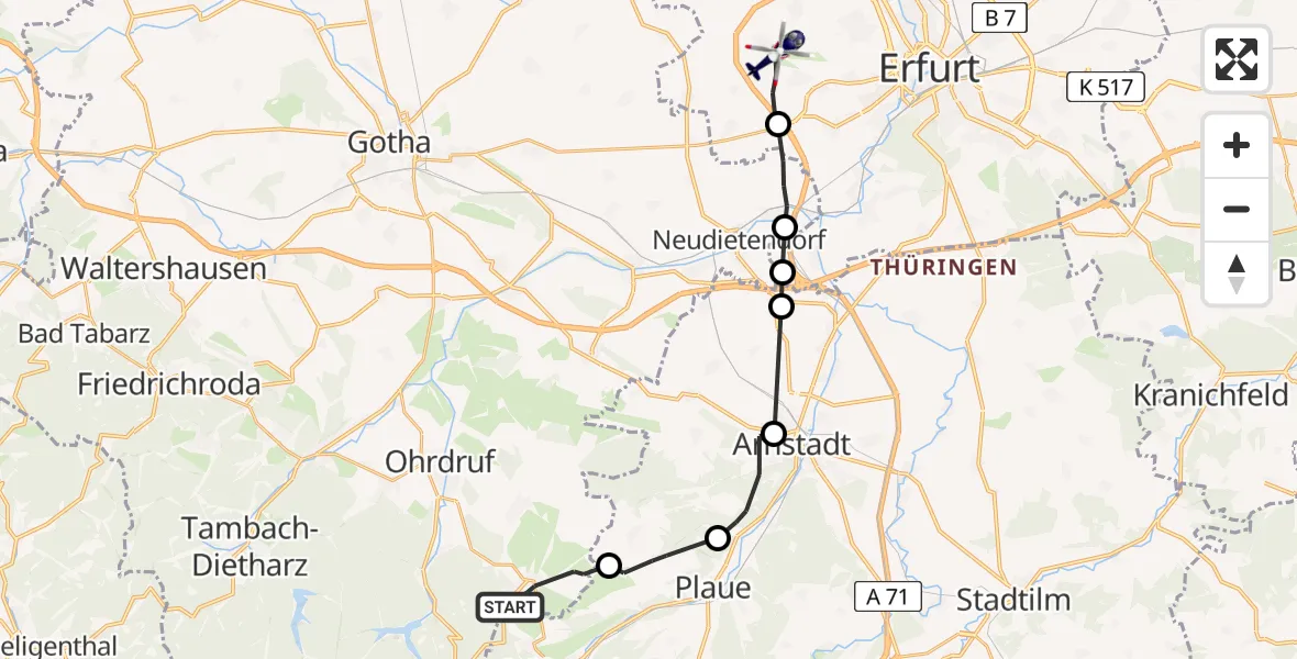 Flugroute Polizeihubschrauber Ohrdruf - Erfurt, 21 Juni 2026, 16:26