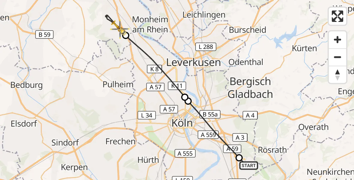 Flugroute Rettungshubschrauber Köln Bonn Flughafen - Dormagen, 21 Juni 2026, 16:26