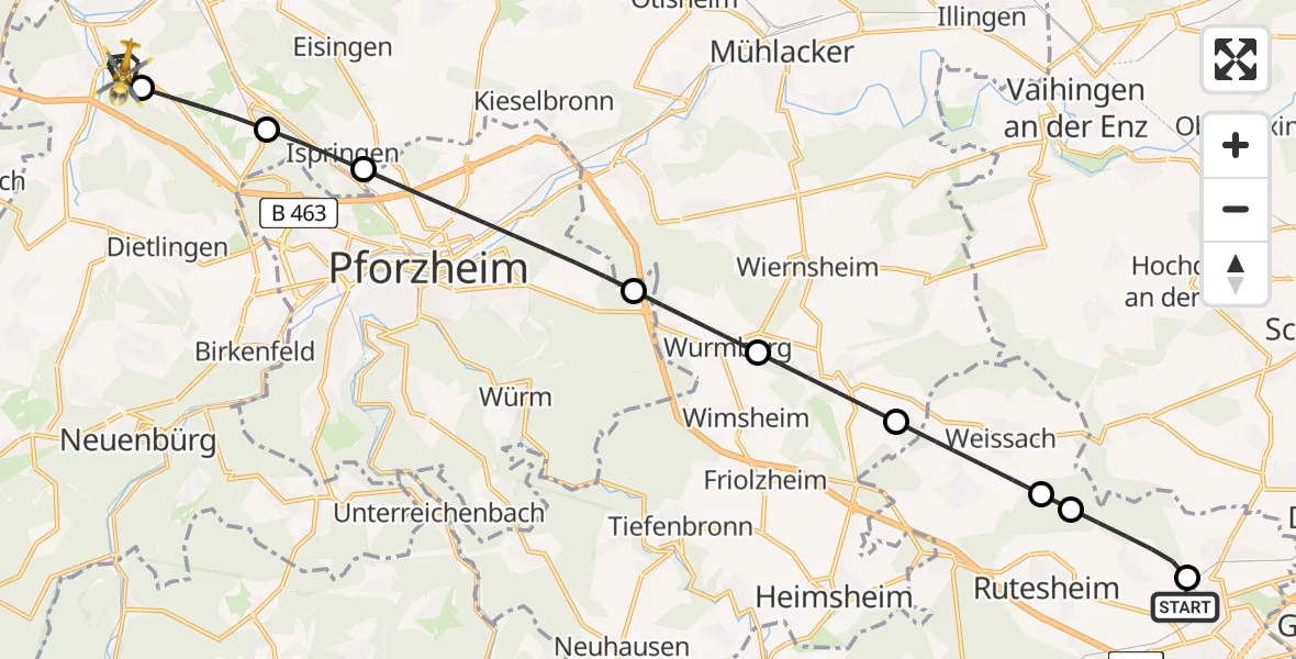 Flugroute Rettungshubschrauber Leonberg Hospital - Remchingen, 21 Juni 2026, 16:27