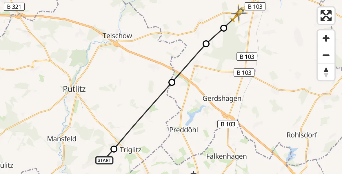 Flugroute Rettungshubschrauber Putlitz - Meyenburg, 21 Juni 2026, 16:28