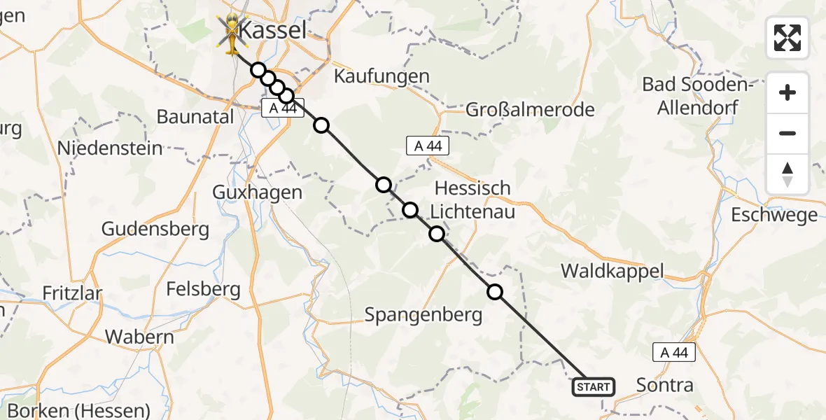 Flugroute Rettungshubschrauber Sontra - Kassel, 21 Juni 2026, 16:28