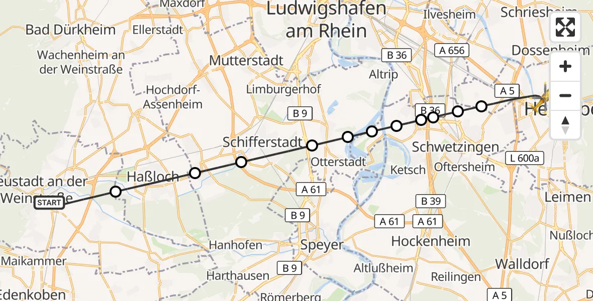 Flugroute Ambulanzhubschrauber Neustadt an der Weinstraße - Heidelberg, 21 Juni 2026, 16:31