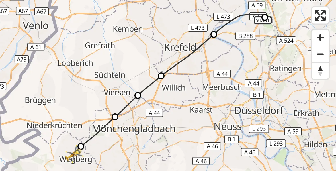 Flugroute Rettungshubschrauber Duisburg Air Rescue Hubschrauberlandeplatz (Christoph 9) - Wegberg, 21 Juni 2026, 16:43