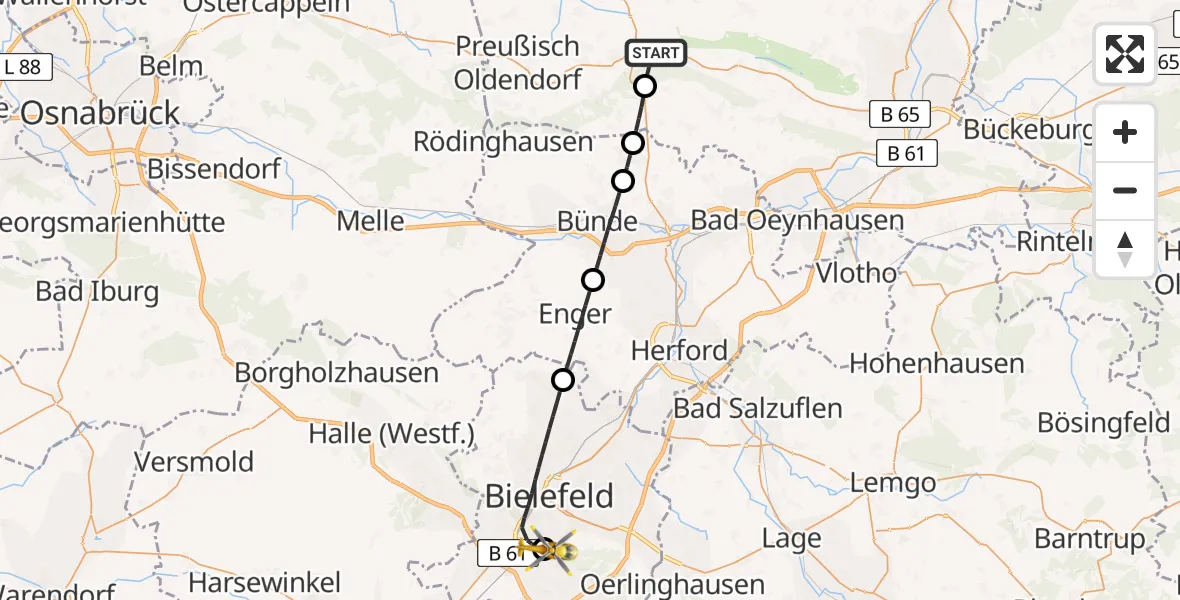 Flugroute Rettungshubschrauber Lübbecke - Luftrettungszentrum Bielefeld, 21 Juni 2026, 16:43