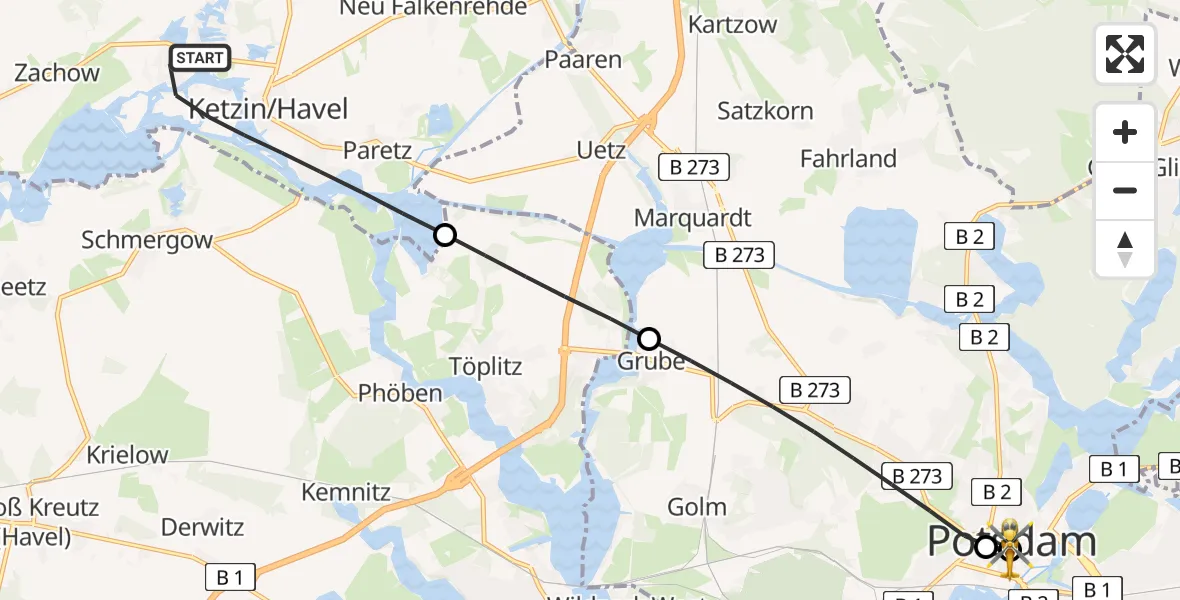 Flugroute Rettungshubschrauber Ketzin/Havel - Ernst von Bergmann Clinic Hubschrauberlandeplatz, 21 Juni 2026, 16:49