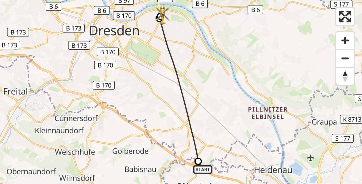 Flugroute Rettungshubschrauber Dohna - Dresden University Hospital, 21 Juni 2026, 16:51