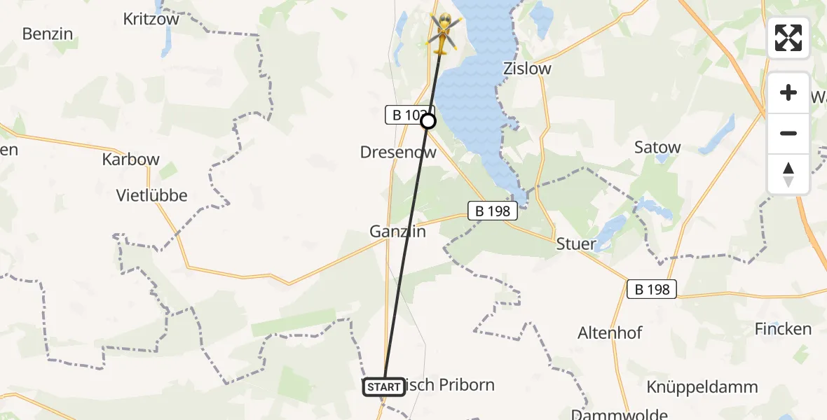 Flugroute Rettungshubschrauber Ganzlin - Plau am See, 21 Juni 2026, 16:53