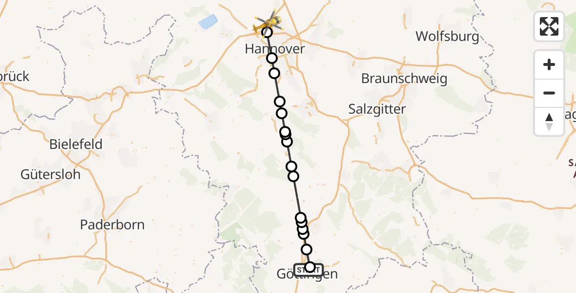 Flugroute Rettungshubschrauber Göttingen University Clinic Hubschrauberlandeplatz - Flughafen Hannover, 21 Juni 2026, 16:54