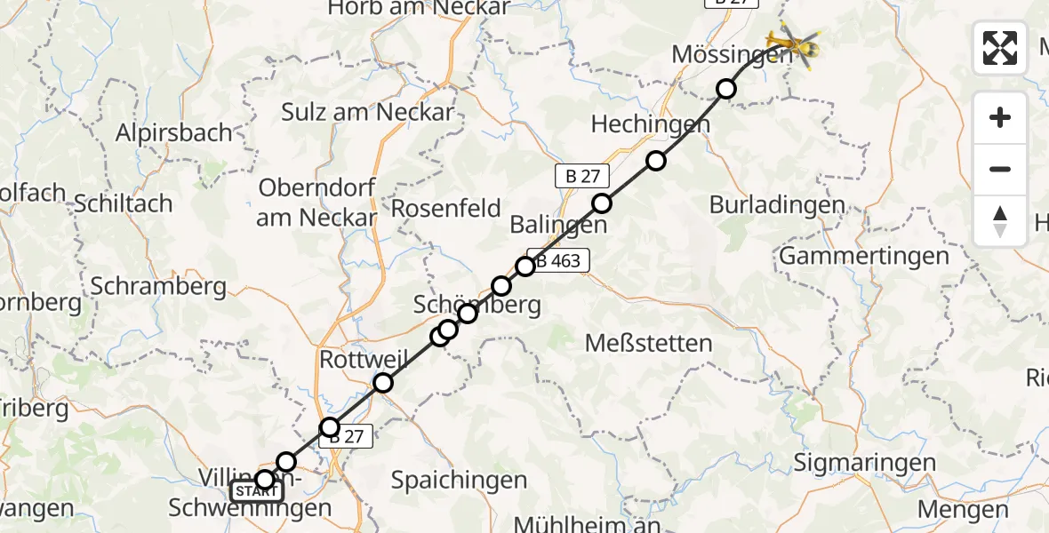 Flugroute Ambulanzhubschrauber DRF Air Rescue Station Villingen-Schwenningen Hubschrauberlandeplatz (Christoph 11) - Mössingen, 21 Juni 2026, 16:55