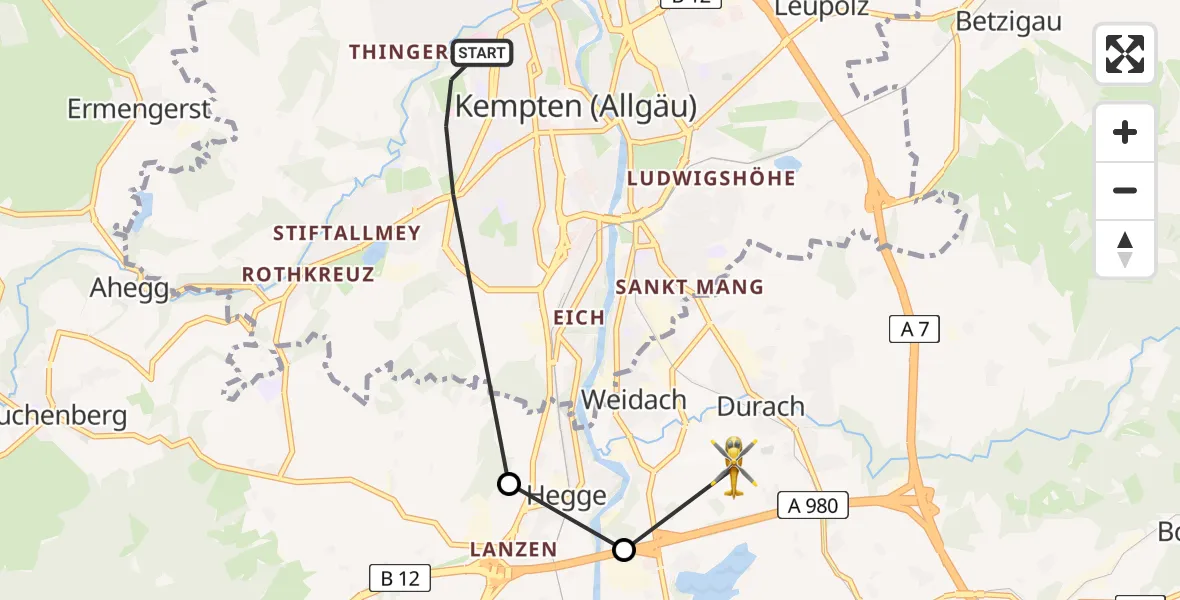 Flugroute Rettungshubschrauber Kempten (Allgäu) - Kempten-Durach Flugplatz, 21 Juni 2026, 16:56