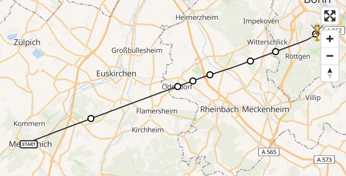 Flugroute Rettungshubschrauber Mechernich - Bonn University Hospital, 21 Juni 2026, 17:02