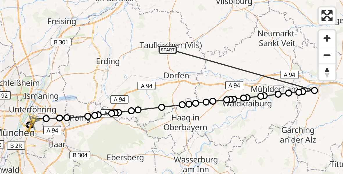Flugroute Rettungshubschrauber Taufkirchen (Vils) - München, 21 Juni 2026, 17:06