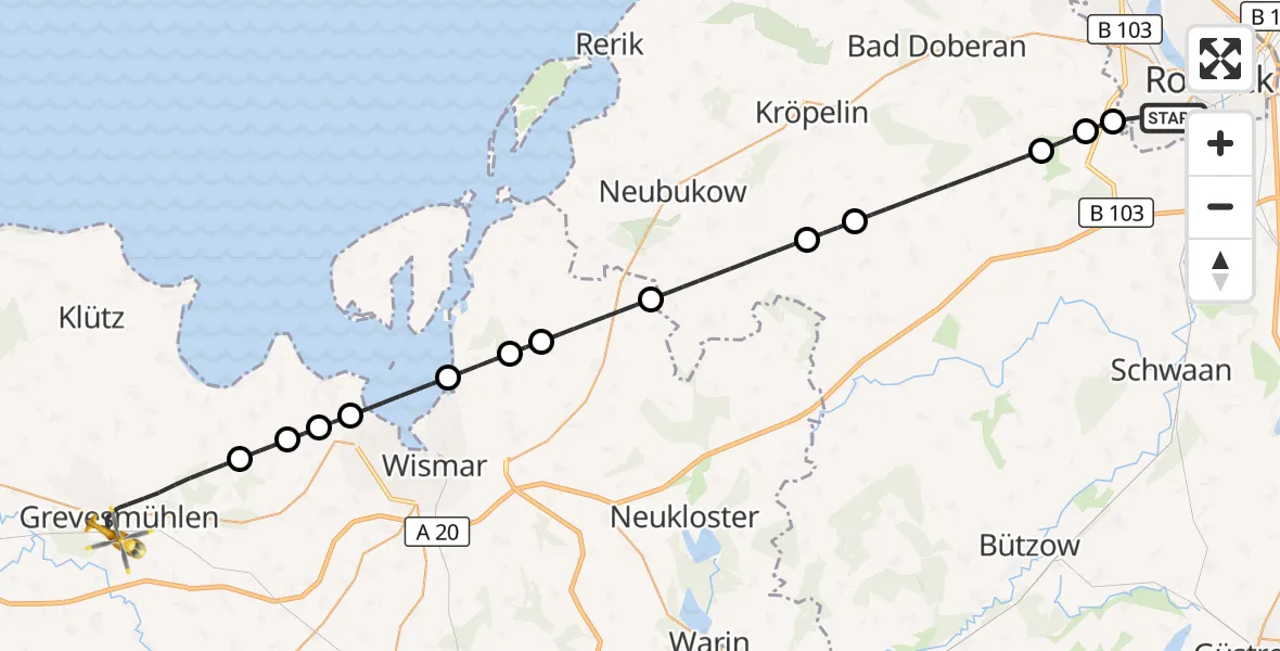 Flugroute Rettungshubschrauber Rostock - Grevesmühlen, 21 Juni 2026, 17:08