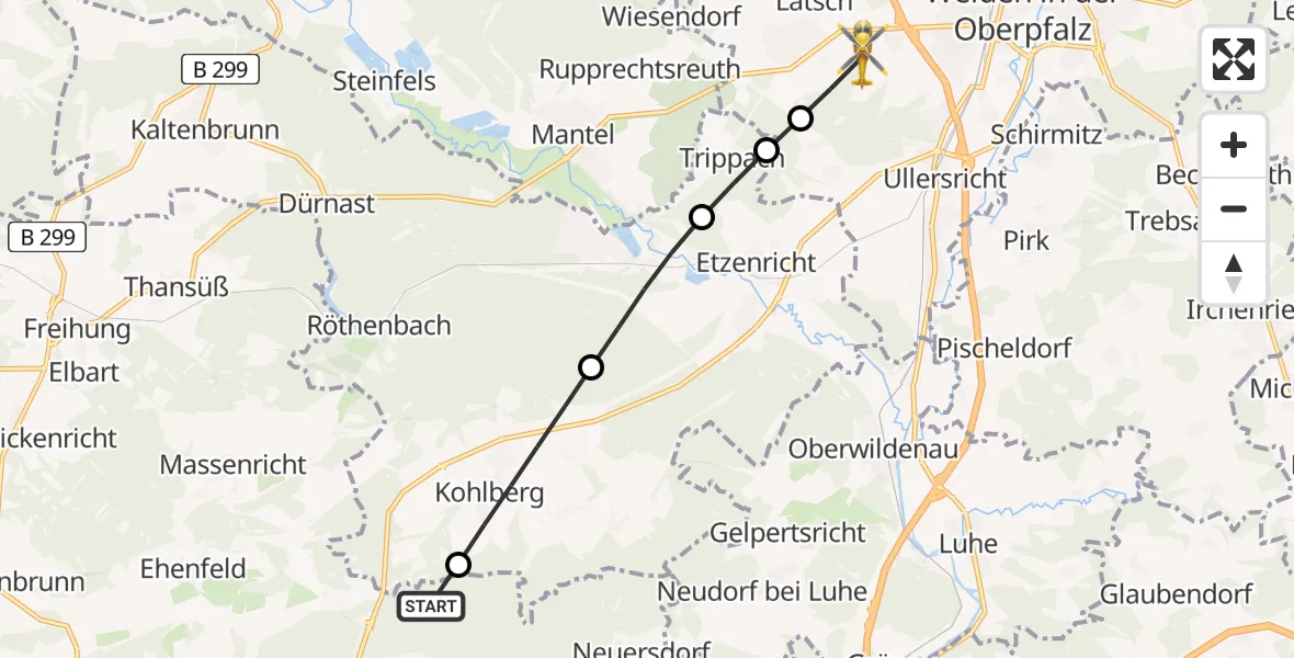 Flugroute Rettungshubschrauber Schnaittenbach - Weiden i.d.OPf., 21 Juni 2026, 17:10