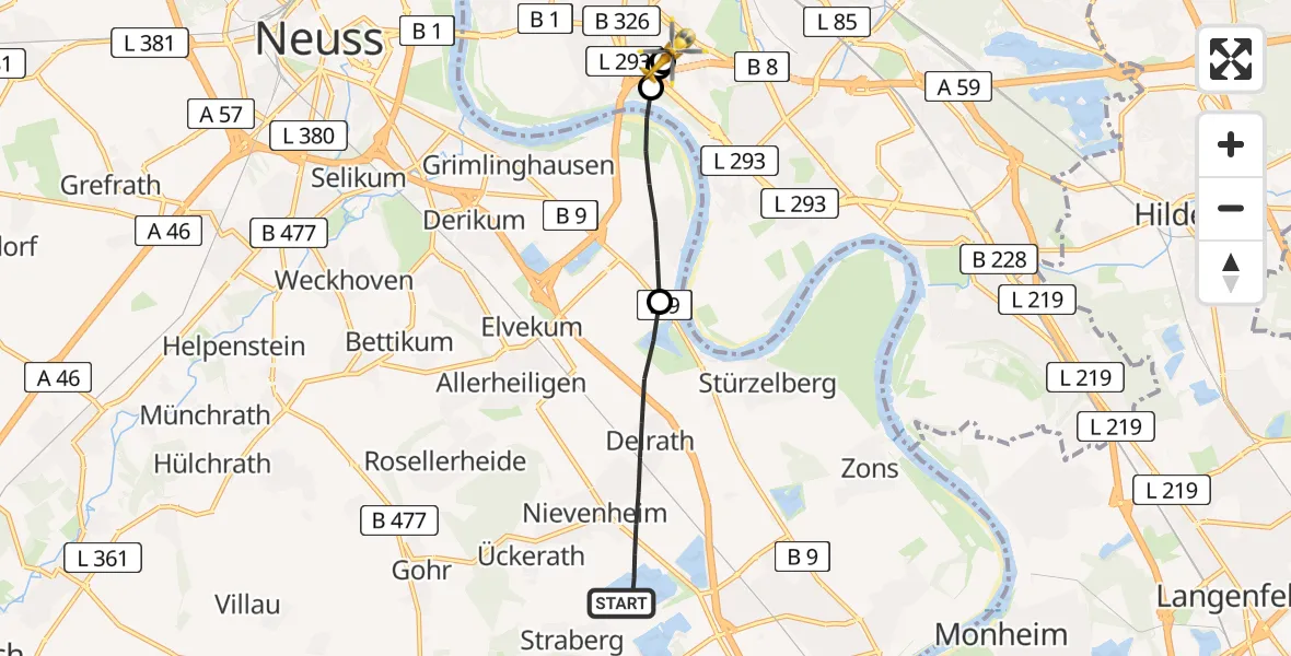Flugroute Rettungshubschrauber Dormagen - Düsseldorf University Hospital, 21 Juni 2026, 17:15
