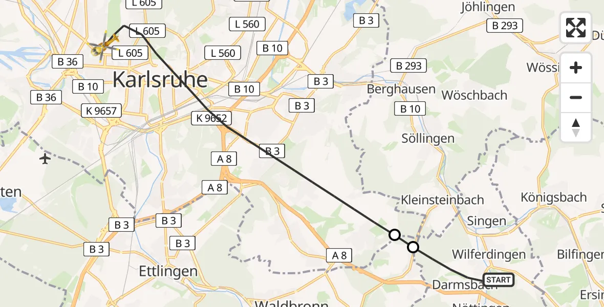 Flugroute Rettungshubschrauber Remchingen - Karlsruhe, 21 Juni 2026, 17:19