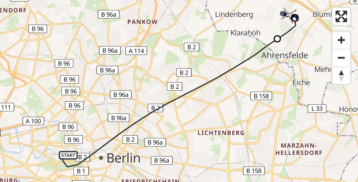 Flugroute Polizeihubschrauber Berlin - Ahrensfelde Hubschrauberlandeplatz, 21 Juni 2026, 17:20