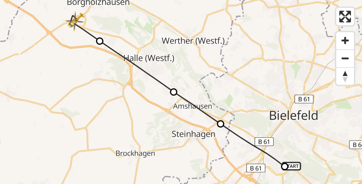 Flugroute Rettungshubschrauber Luftrettungszentrum Bielefeld - Borgholzhausen, 21 Juni 2026, 17:25