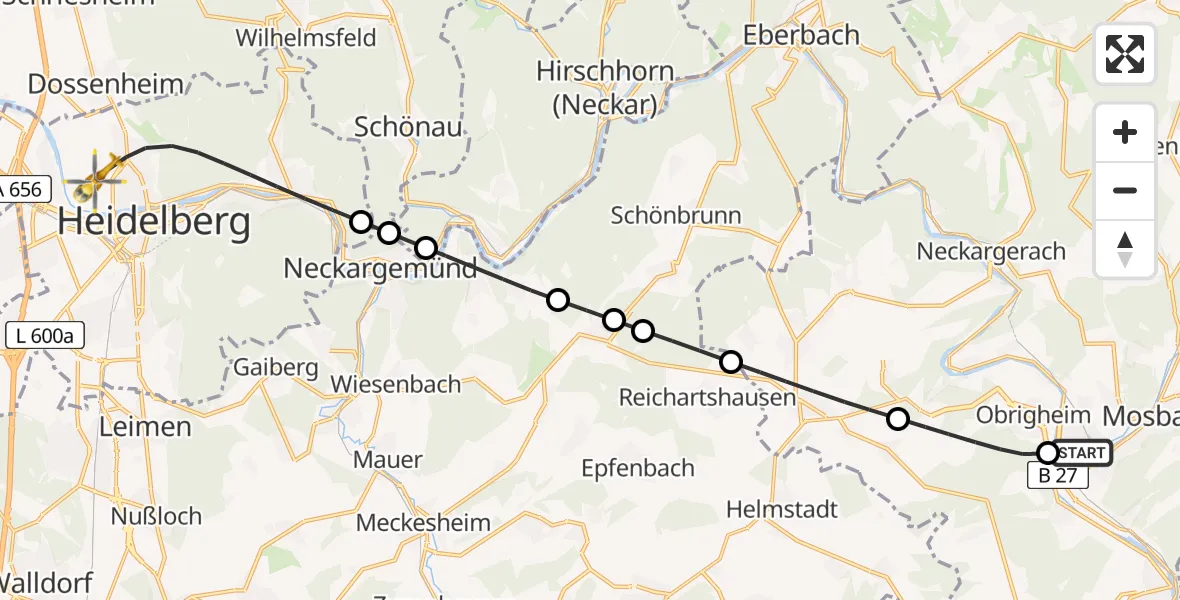 Flugroute Rettungshubschrauber Mosbach - Heidelberg, 21 Juni 2026, 17:29