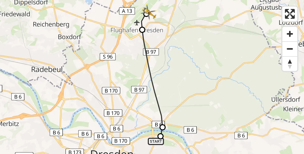 Flugroute Rettungshubschrauber Dresden University Hospital - Dresden Bundespolizei Hubschrauberlandeplatz, 21 Juni 2026, 17:29