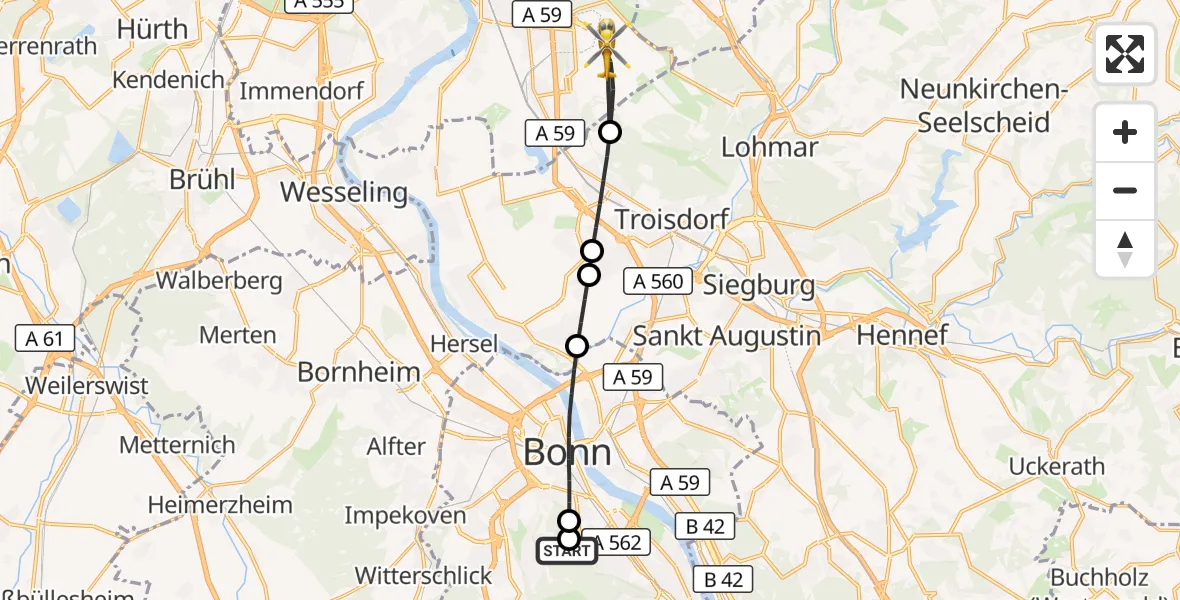 Flugroute Rettungshubschrauber Bonn University Hospital - Köln Bonn Flughafen, 21 Juni 2026, 17:31