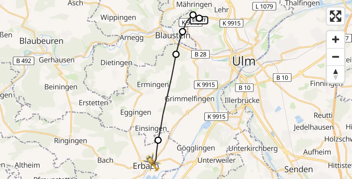 Flugroute Rettungshubschrauber Ulm Military Hospital Emergency - Erbach, 21 Juni 2026, 17:33