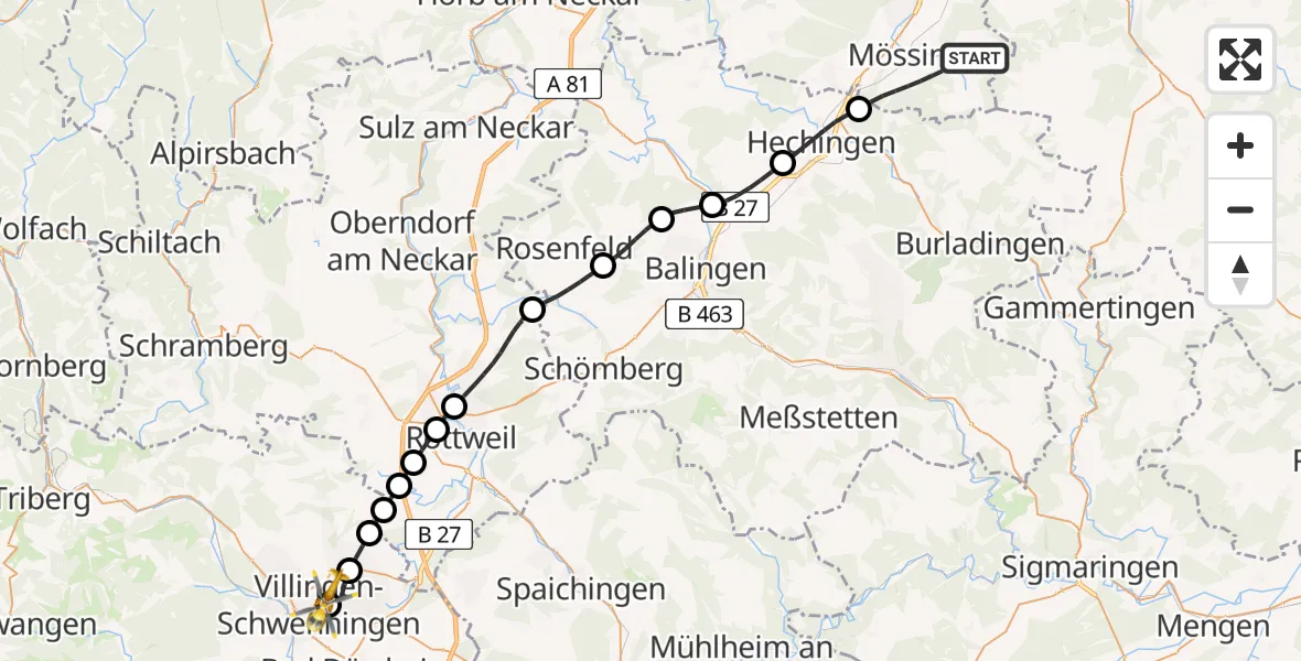 Flugroute Ambulanzhubschrauber Mössingen - DRF Air Rescue Station Villingen-Schwenningen Hubschrauberlandeplatz (Christoph 11), 21 Juni 2026, 17:34