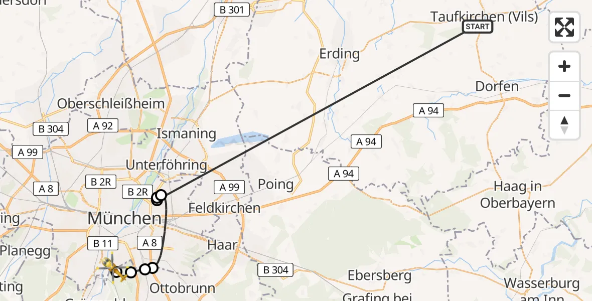Flugroute Rettungshubschrauber Taufkirchen (Vils) - ADAC Air Rescue Center Hubschrauberlandeplatz (Christoph 1), 21 Juni 2026, 17:48