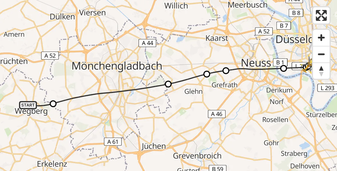Flugroute Rettungshubschrauber Wegberg - Düsseldorf University Hospital, 21 Juni 2026, 17:53