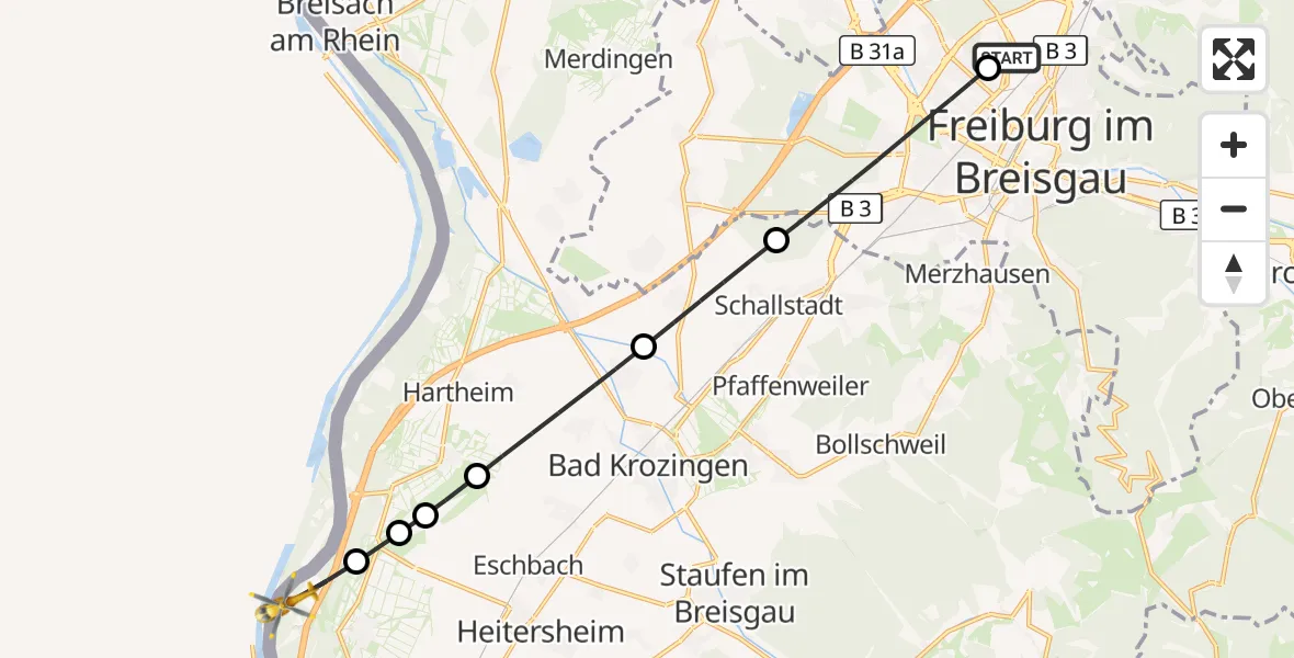 Flugroute Ambulanzhubschrauber Freiburg im Breisgau Flugplatz - Neuenburg am Rhein, 21 Juni 2026, 17:59