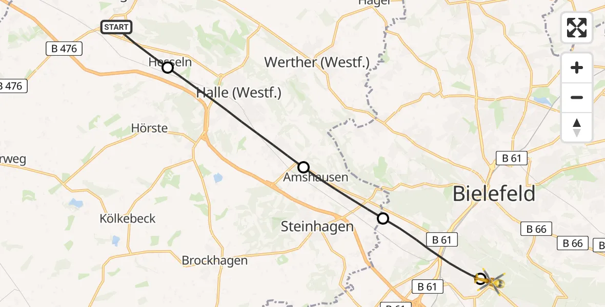 Flugroute Rettungshubschrauber Borgholzhausen - Luftrettungszentrum Bielefeld, 21 Juni 2026, 18:00