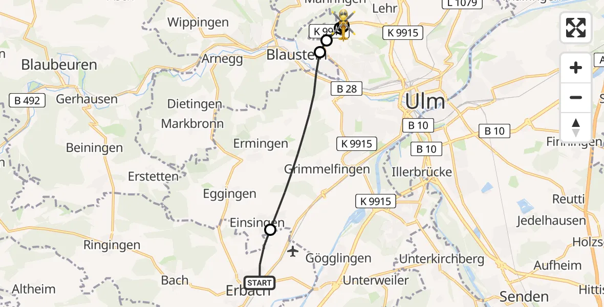Flugroute Rettungshubschrauber Erbach - ADAC Air Rescue Station Ulm (Christoph 22), 21 Juni 2026, 18:05