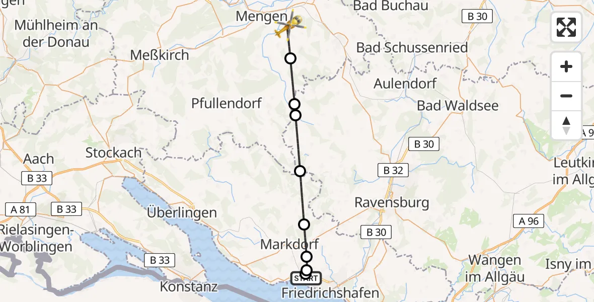 Flugroute Rettungshubschrauber Friedrichshafen Hospital - Hohentengen, 21 Juni 2026, 18:05