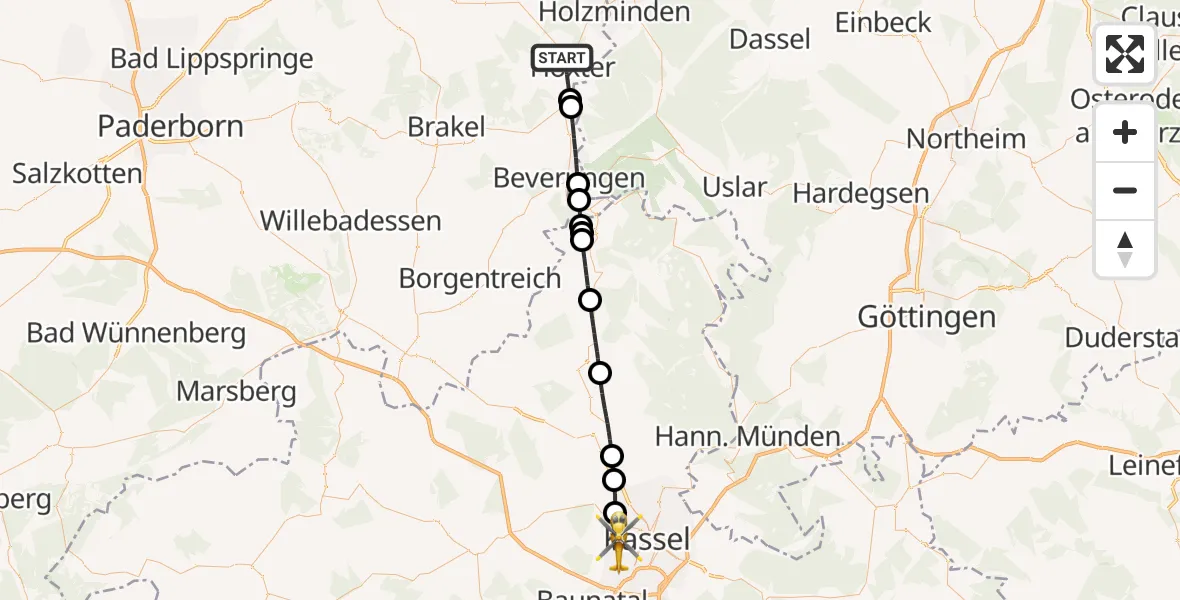 Flugroute Rettungshubschrauber Höxter - Kassel, 21 Juni 2026, 18:08