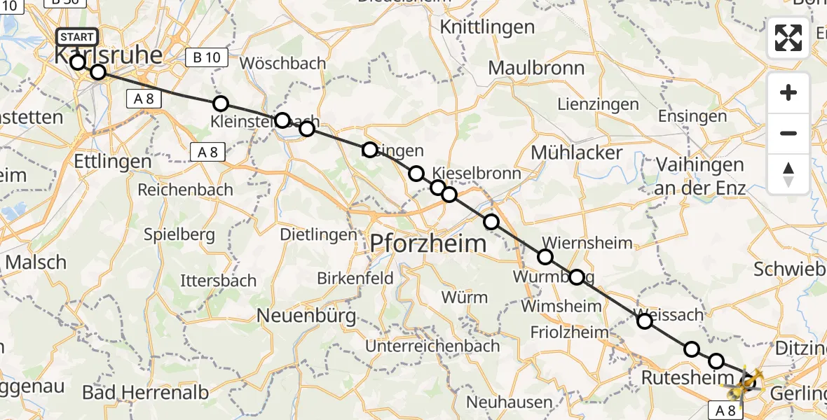 Flugroute Rettungshubschrauber Karlsruhe - Leonberg Hospital, 21 Juni 2026, 18:16